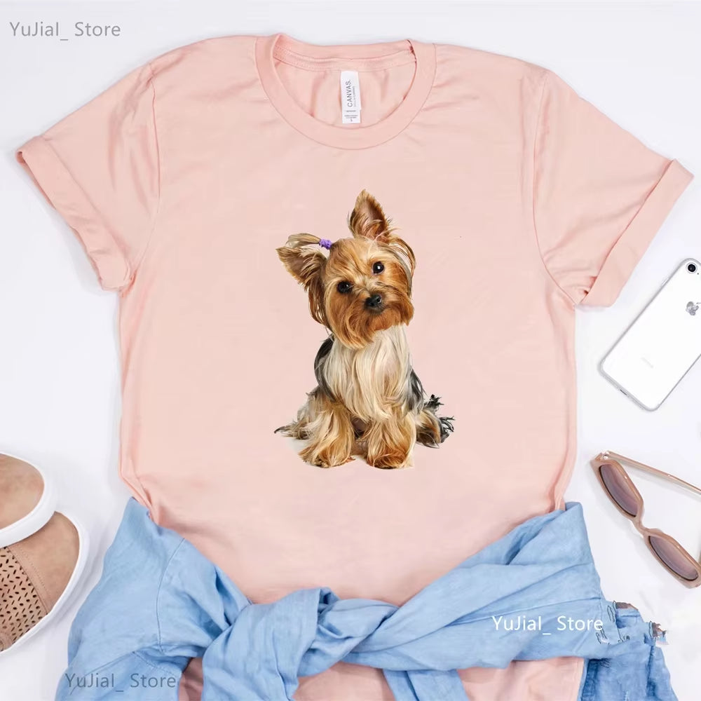 Schnauzer/Seymour/Yorkshire Terrier/Chihuahua/ Retriever/Pomeranian/Papillon Dog Vintage Portrait Print Women Summer T Shirt