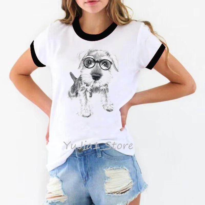 Schnauzer/Seymour/Yorkshire Terrier/Chihuahua/ Retriever/Pomeranian/Papillon Dog Vintage Portrait Print Women Summer T Shirt