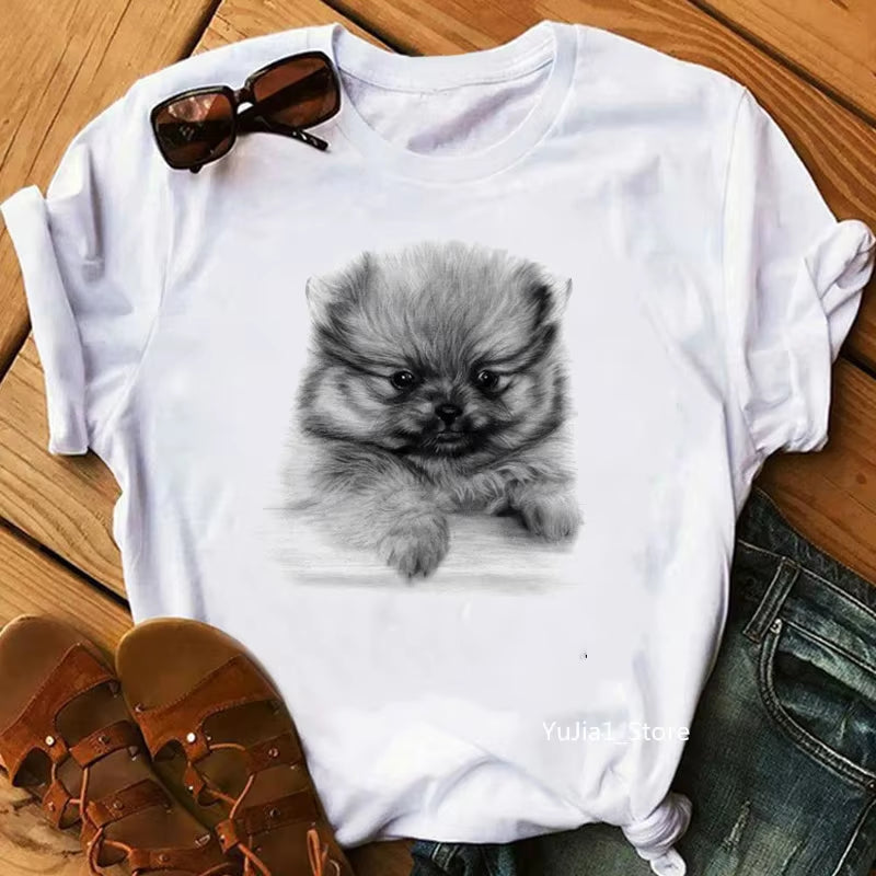 Schnauzer/Seymour/Yorkshire Terrier/Chihuahua/ Retriever/Pomeranian/Papillon Dog Vintage Portrait Print Women Summer T Shirt