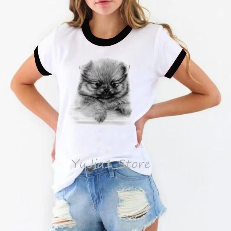 Schnauzer/Seymour/Yorkshire Terrier/Chihuahua/ Retriever/Pomeranian/Papillon Dog Vintage Portrait Print Women Summer T Shirt