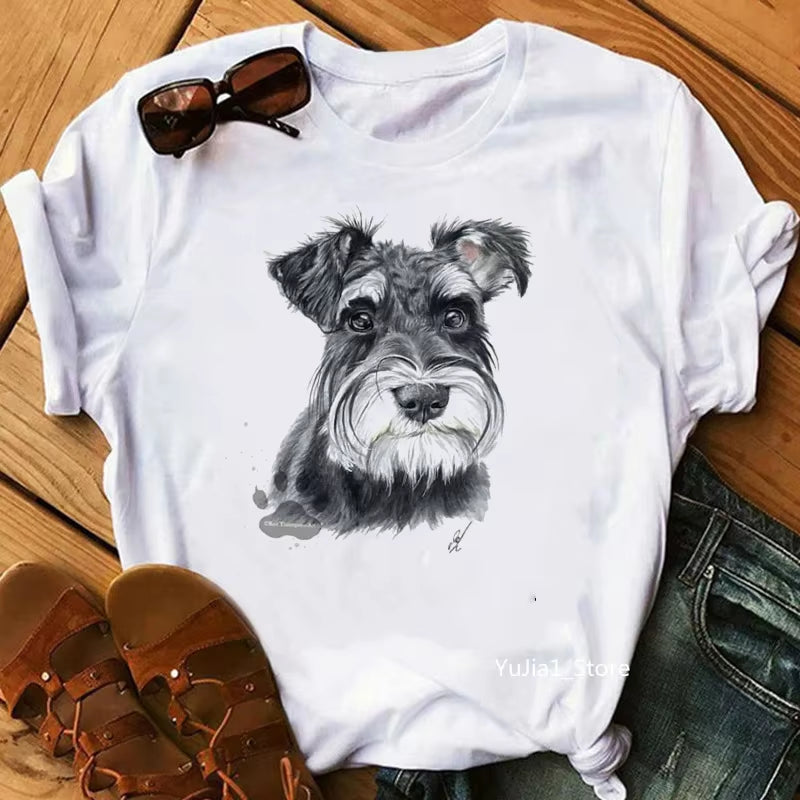 Schnauzer/Seymour/Yorkshire Terrier/Chihuahua/ Retriever/Pomeranian/Papillon Dog Vintage Portrait Print Women Summer T Shirt