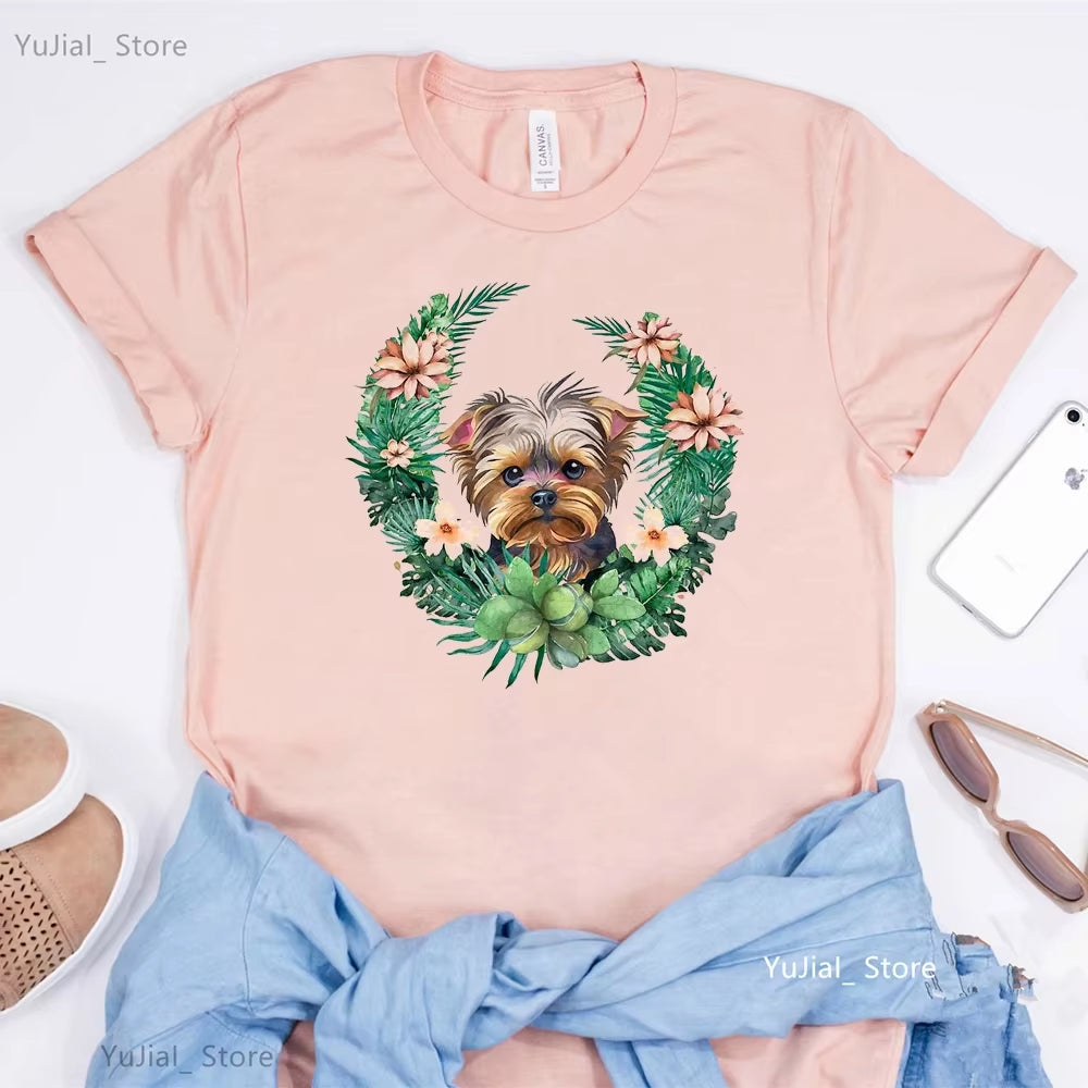 Schnauzer/Seymour/Yorkshire Terrier/Chihuahua/ Retriever/Pomeranian/Papillon Dog Vintage Portrait Print Women Summer T Shirt