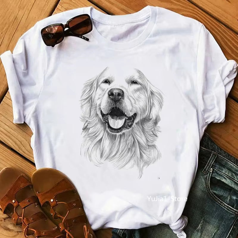 Schnauzer/Seymour/Yorkshire Terrier/Chihuahua/ Retriever/Pomeranian/Papillon Dog Vintage Portrait Print Women Summer T Shirt