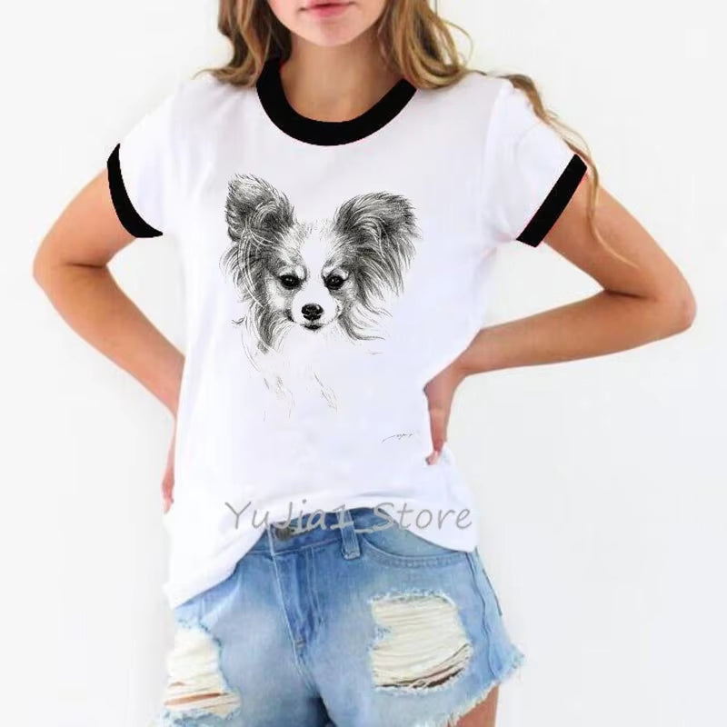 Schnauzer/Seymour/Yorkshire Terrier/Chihuahua/ Retriever/Pomeranian/Papillon Dog Vintage Portrait Print Women Summer T Shirt