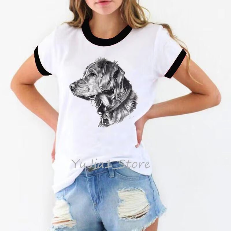 Schnauzer/Seymour/Yorkshire Terrier/Chihuahua/ Retriever/Pomeranian/Papillon Dog Vintage Portrait Print Women Summer T Shirt
