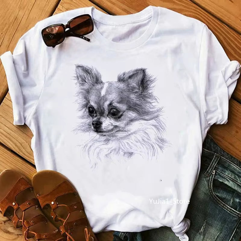 Schnauzer/Seymour/Yorkshire Terrier/Chihuahua/ Retriever/Pomeranian/Papillon Dog Vintage Portrait Print Women Summer T Shirt