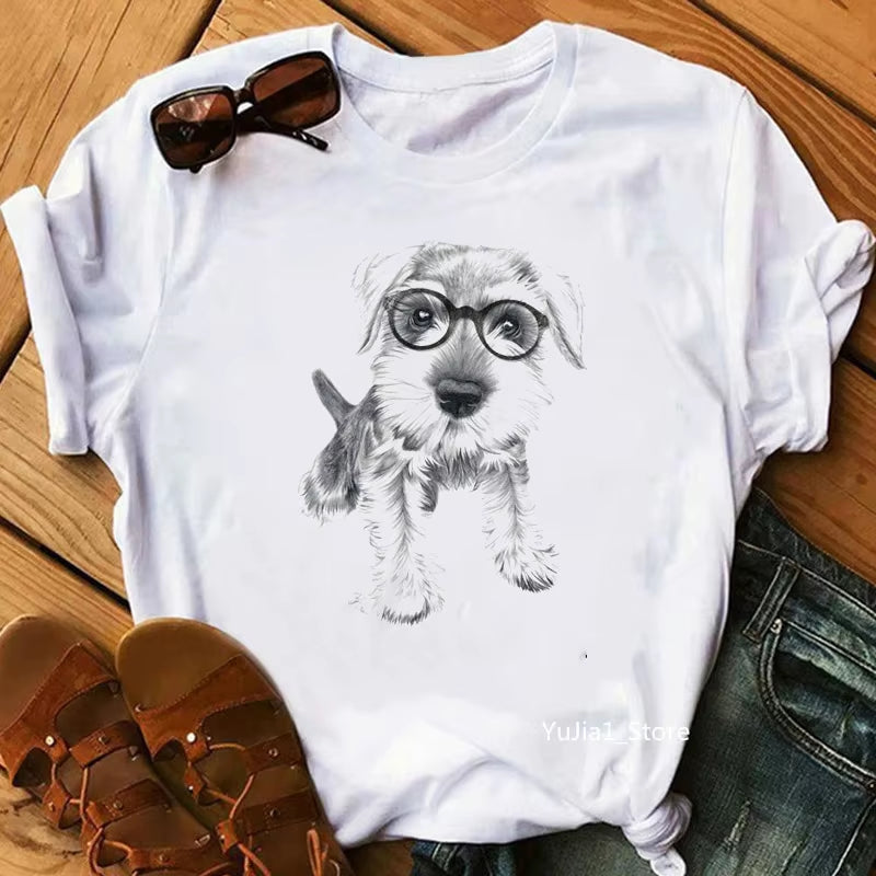 Schnauzer/Seymour/Yorkshire Terrier/Chihuahua/ Retriever/Pomeranian/Papillon Dog Vintage Portrait Print Women Summer T Shirt