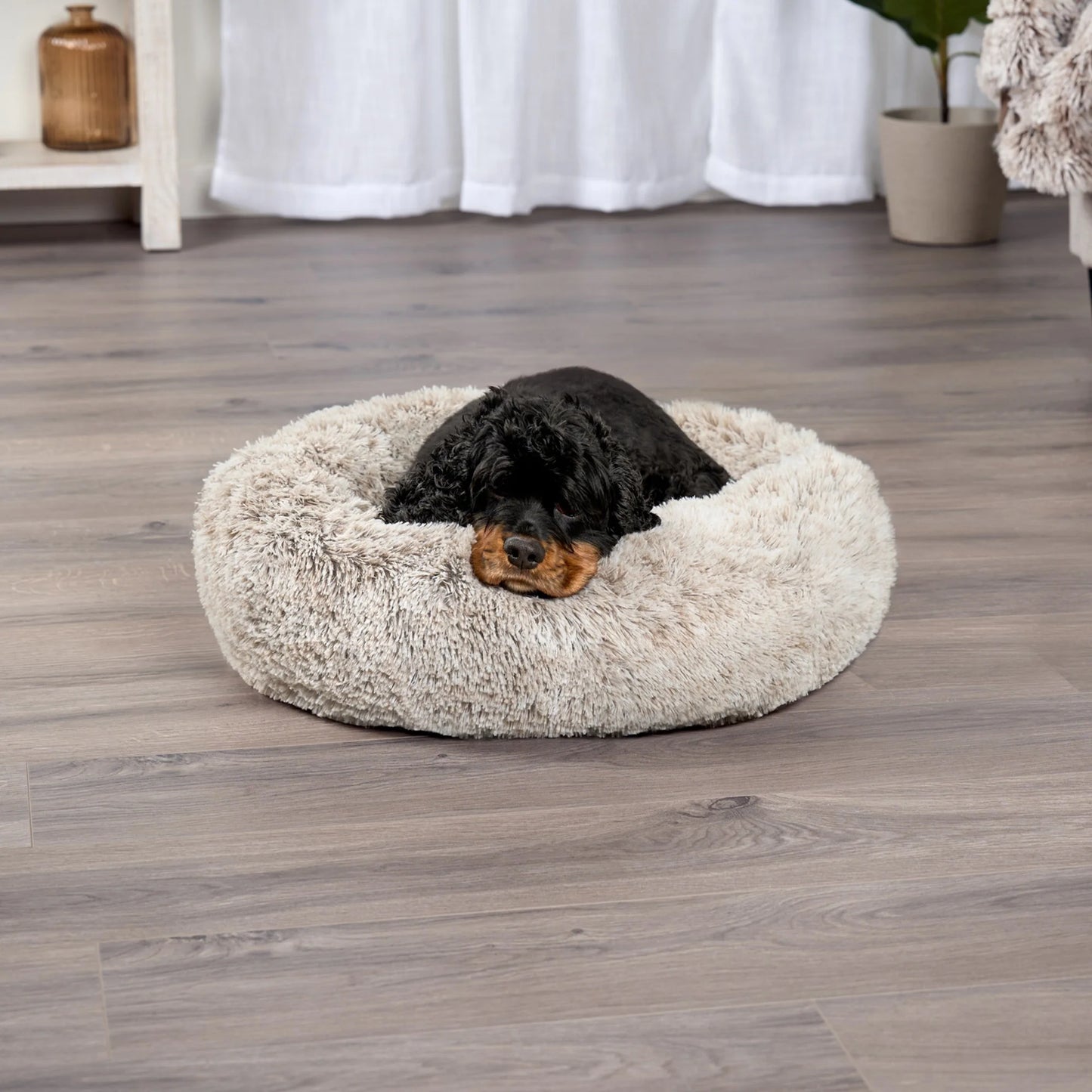 23" round Calming Donut Dog Bed with Washable & Removable Cover & Bolster - Shaggy Plush Long Faux Fur Ball Bed - Driftwood, for Dogs up to 20 Lbs, Small