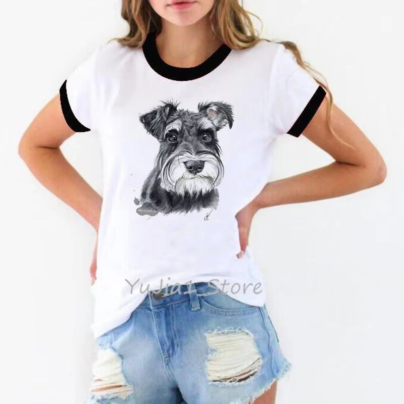 Schnauzer/Seymour/Yorkshire Terrier/Chihuahua/ Retriever/Pomeranian/Papillon Dog Vintage Portrait Print Women Summer T Shirt