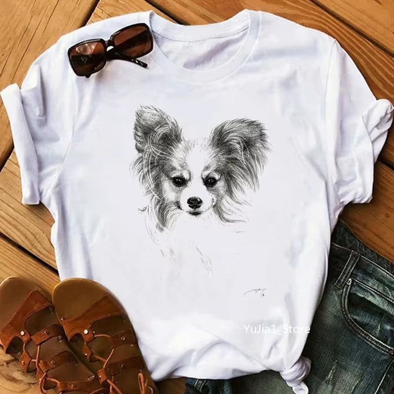 Schnauzer/Seymour/Yorkshire Terrier/Chihuahua/ Retriever/Pomeranian/Papillon Dog Vintage Portrait Print Women Summer T Shirt