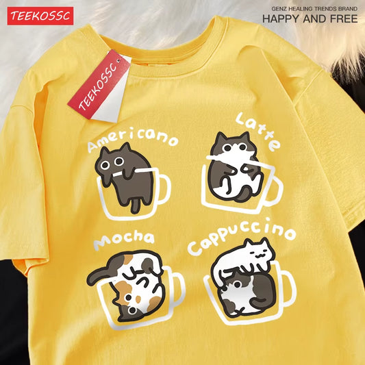 Cat Coffee Pure Cotton Trendy Summer Loose Short Sleeved T-Shirt Men Women Original Mocha Latte Cat Three Flowers Fun Cat Tees