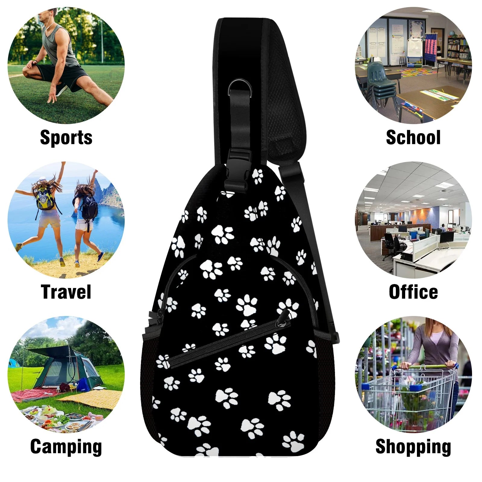 Sling Bag Backpack for Men Women Vacekoe Crossbody Shoulder Chest Day Pack Outdoor Travel Camping Daypack Dog Footprints