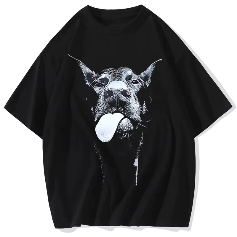 Men Gothic Letter Dog Printed T-Shirt Hip Hop Streetwear Punk Summer Vintage Washed Oversized T Shirts Tops Men Clothing