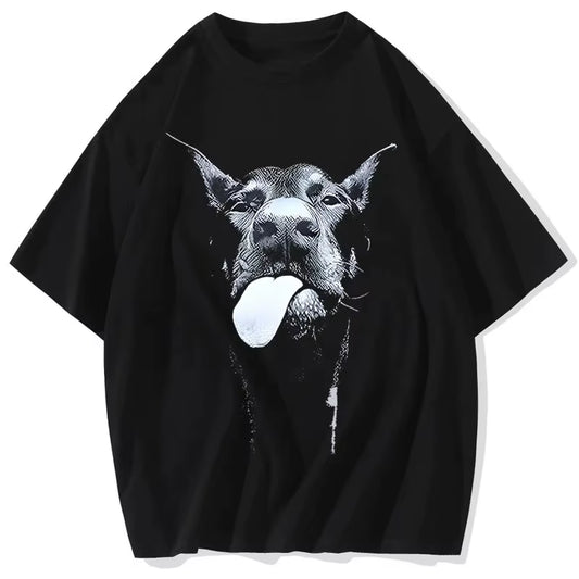 Men Gothic Letter Dog Printed T-Shirt Hip Hop Streetwear Punk Summer Vintage Washed Oversized T Shirts Tops Men Clothing