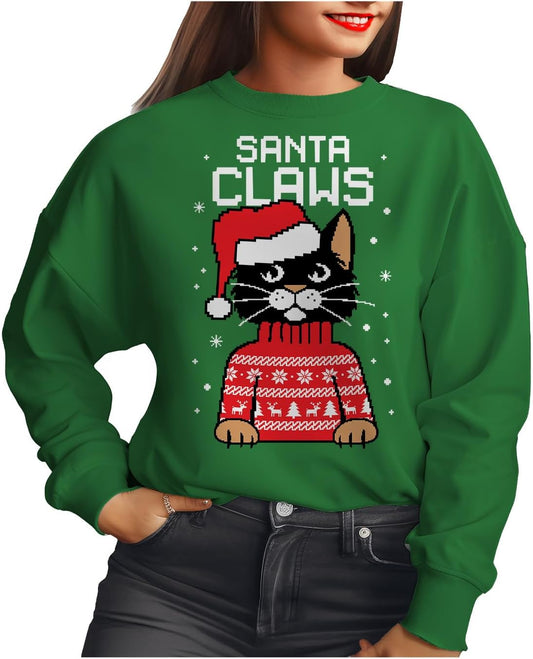 Santa Claws Ugly Christmas Sweatshirt for Women Teen Girls Funny Cat Womens Xmas Holiday Sweatshirts