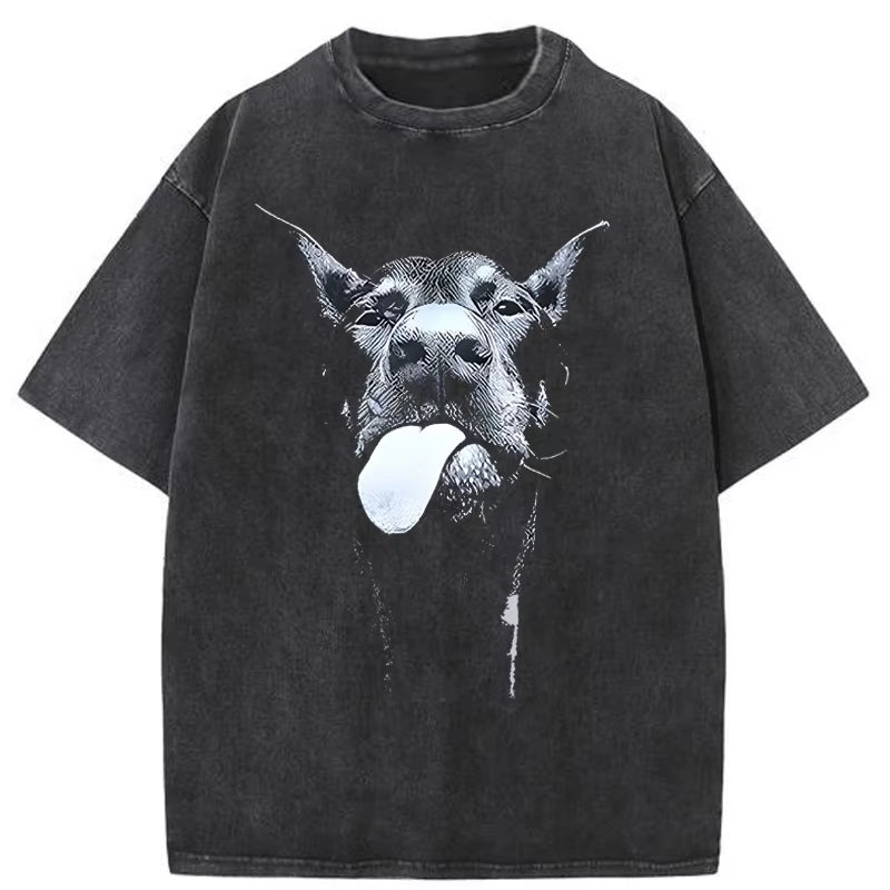 Men Gothic Letter Dog Printed T-Shirt Hip Hop Streetwear Punk Summer Vintage Washed Oversized T Shirts Tops Men Clothing