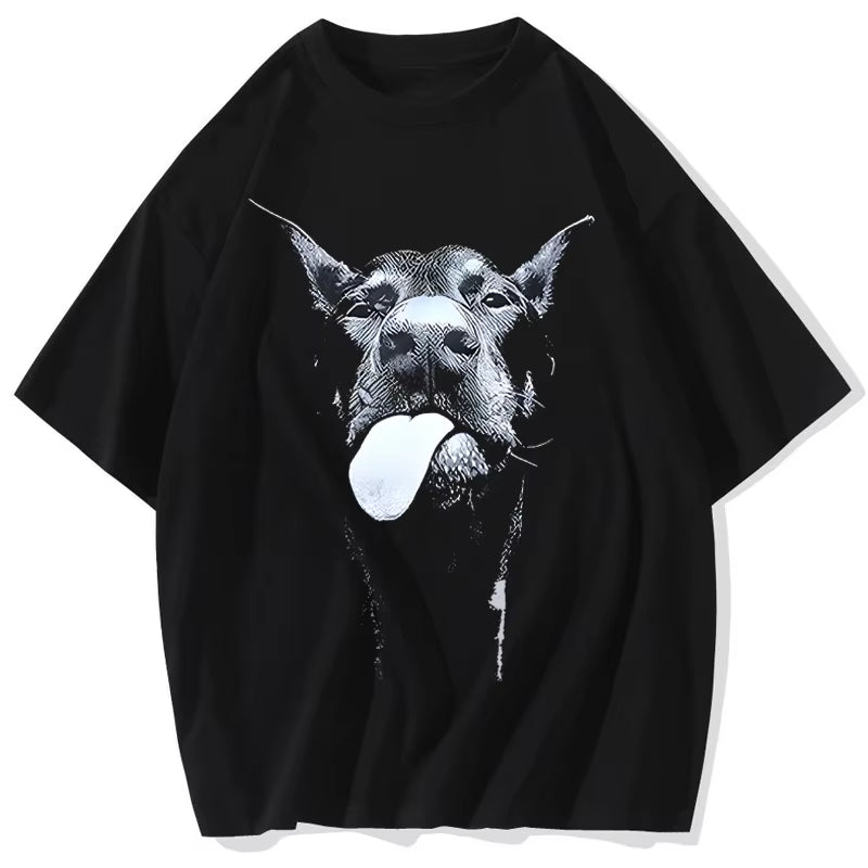 Men Gothic Letter Dog Printed T-Shirt Hip Hop Streetwear Punk Summer Vintage Washed Oversized T Shirts Tops Men Clothing