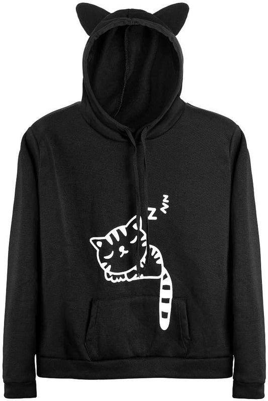 Women Teen Girls Hoodie Sweatshirt with Cute Cat Ear and Sleeping Cat Printed Pullover