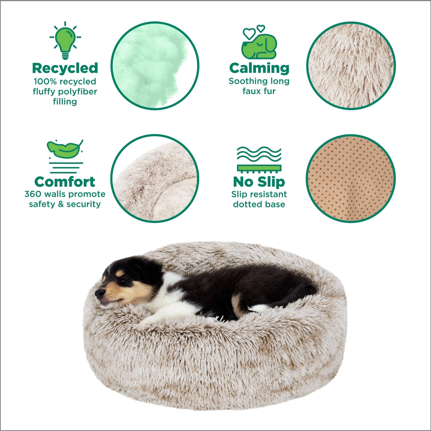 23" round Calming Donut Dog Bed with Washable & Removable Cover & Bolster - Shaggy Plush Long Faux Fur Ball Bed - Driftwood, for Dogs up to 20 Lbs, Small