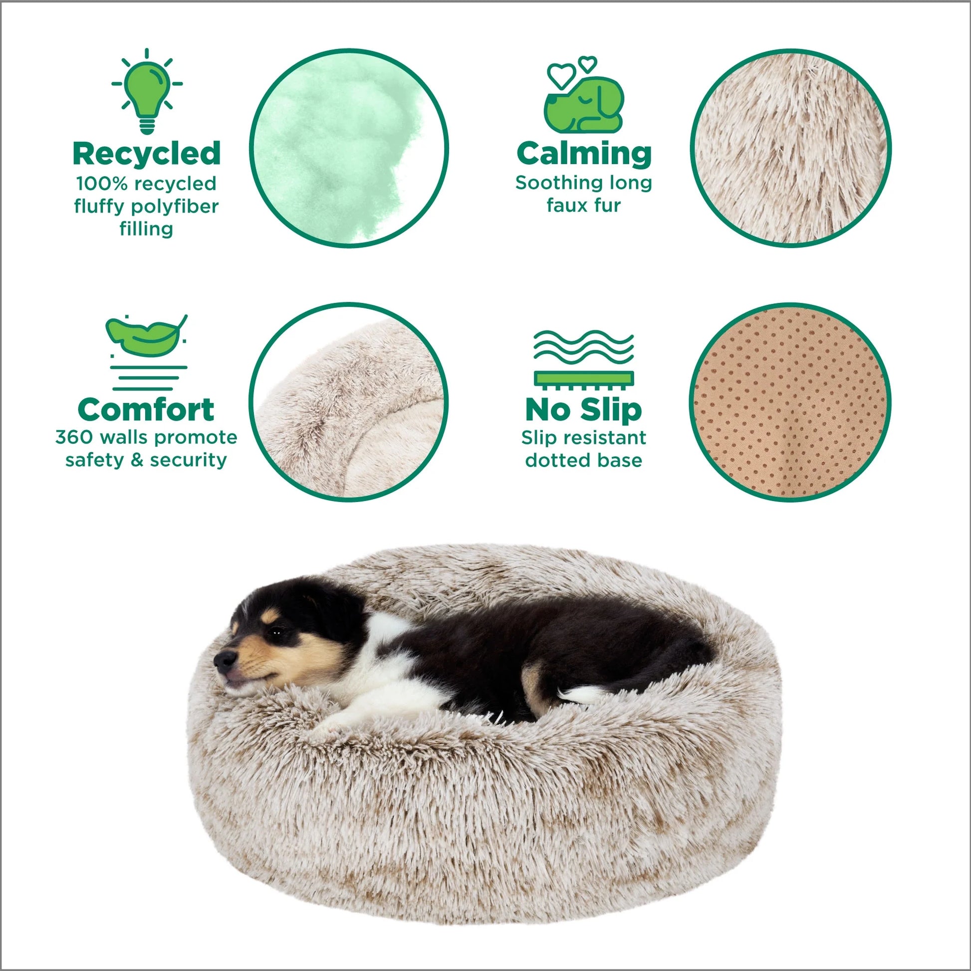 23" round Calming Donut Dog Bed with Washable & Removable Cover & Bolster - Shaggy Plush Long Faux Fur Ball Bed - Driftwood, for Dogs up to 20 Lbs, Small