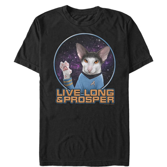 Men'S  Cat Spock Live Long and Prosper Graphic Tee Black Large