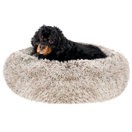 23" round Calming Donut Dog Bed with Washable & Removable Cover & Bolster - Shaggy Plush Long Faux Fur Ball Bed - Driftwood, for Dogs up to 20 Lbs, Small