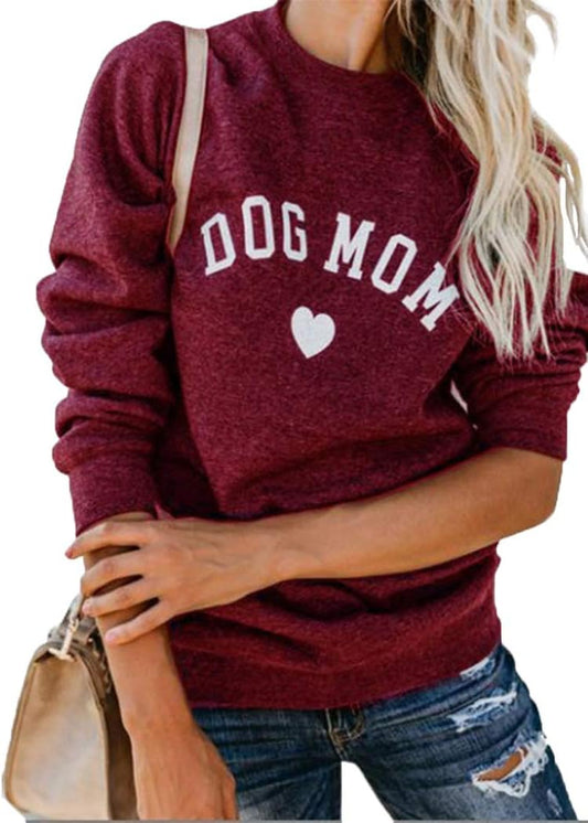 Womens Tops Dog Mom Shirt Long Sleeve O Neck Letter Print Sweatshirts Red S