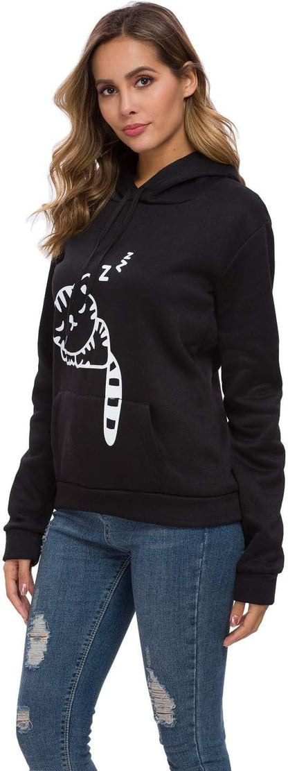 Women Teen Girls Hoodie Sweatshirt with Cute Cat Ear and Sleeping Cat Printed Pullover