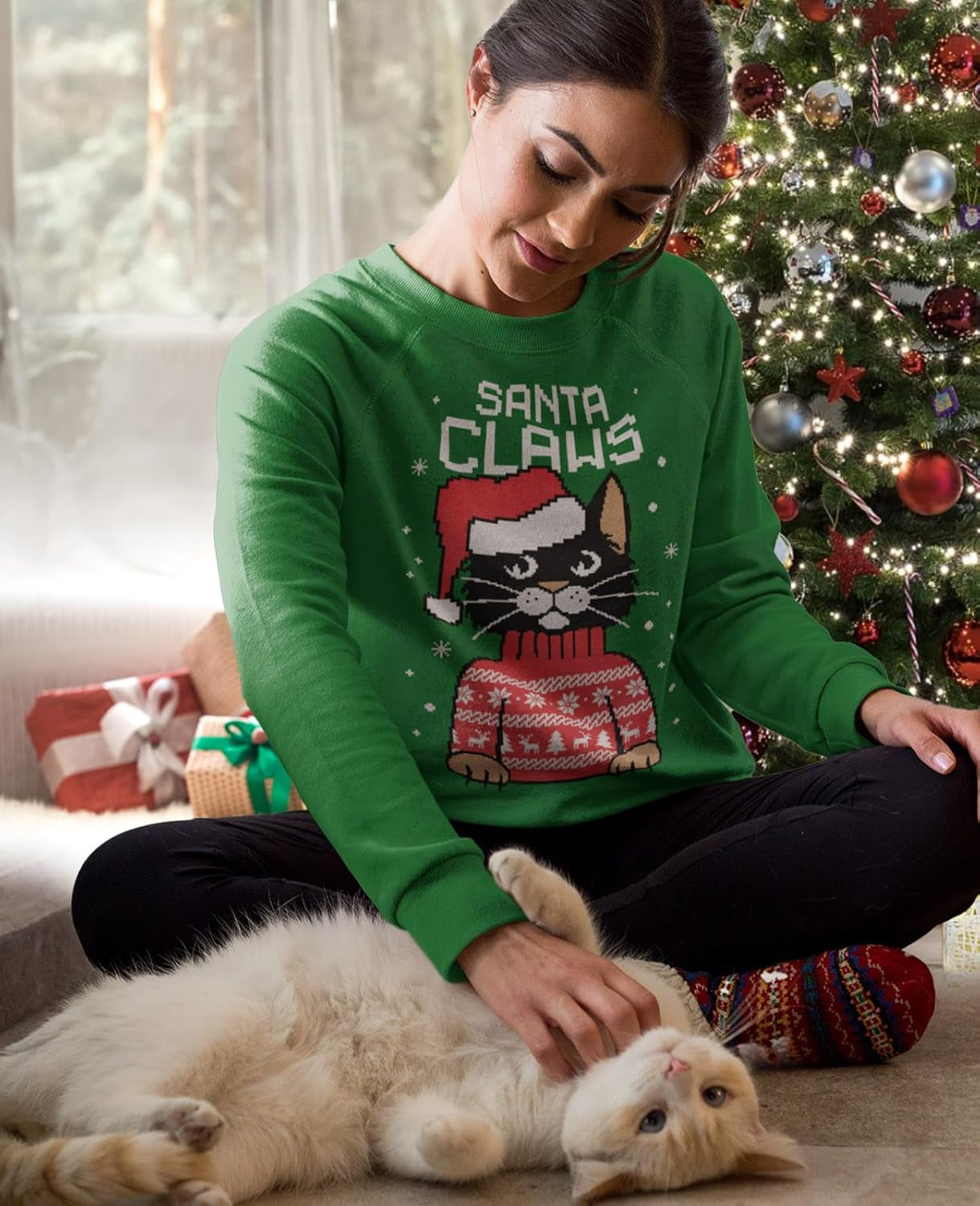 Santa Claws Ugly Christmas Sweatshirt for Women Teen Girls Funny Cat Womens Xmas Holiday Sweatshirts