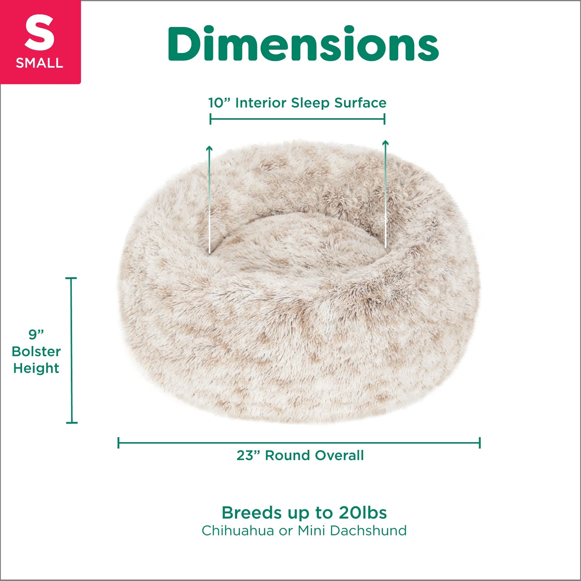 23" round Calming Donut Dog Bed with Washable & Removable Cover & Bolster - Shaggy Plush Long Faux Fur Ball Bed - Driftwood, for Dogs up to 20 Lbs, Small