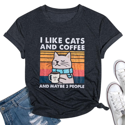 Cat Shirt I like Cats and Coffee and Maybe 3 People Graphic T-Shirt Vintage Cat Lover Shirts Retro Coffee Lover Gift Tee Tops