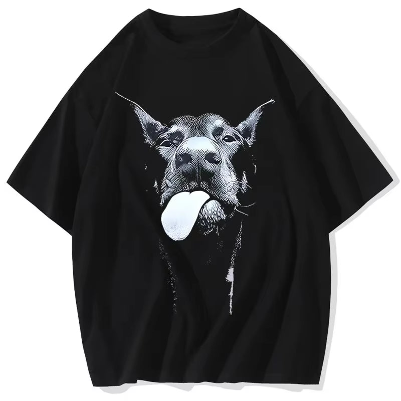 Men Gothic Letter Dog Printed T-Shirt Hip Hop Streetwear Punk Summer Vintage Washed Oversized T Shirts Tops Men Clothing