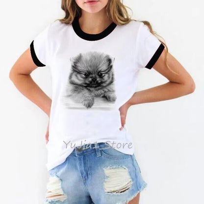 Schnauzer/Seymour/Yorkshire Terrier/Chihuahua/ Retriever/Pomeranian/Papillon Dog Vintage Portrait Print Women Summer T Shirt
