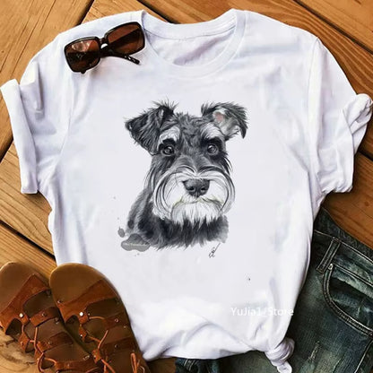 Schnauzer/Seymour/Yorkshire Terrier/Chihuahua/ Retriever/Pomeranian/Papillon Dog Vintage Portrait Print Women Summer T Shirt