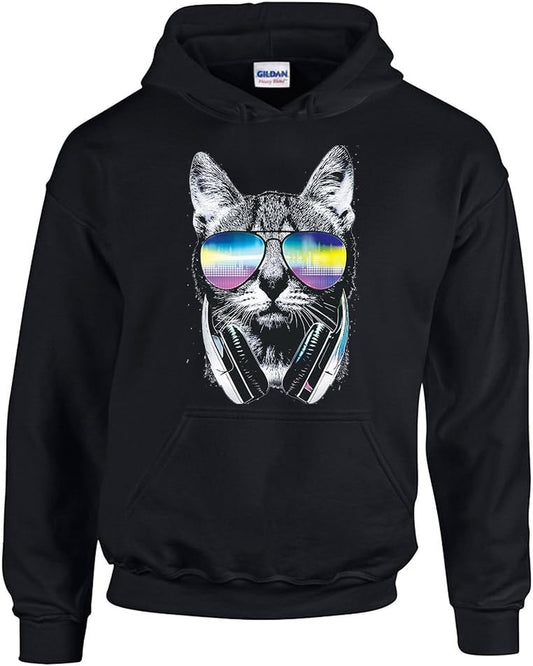 DJ Cat with Sunglasses and Headphones Unisex Pullover Hoodie Hooded Sweatshirt