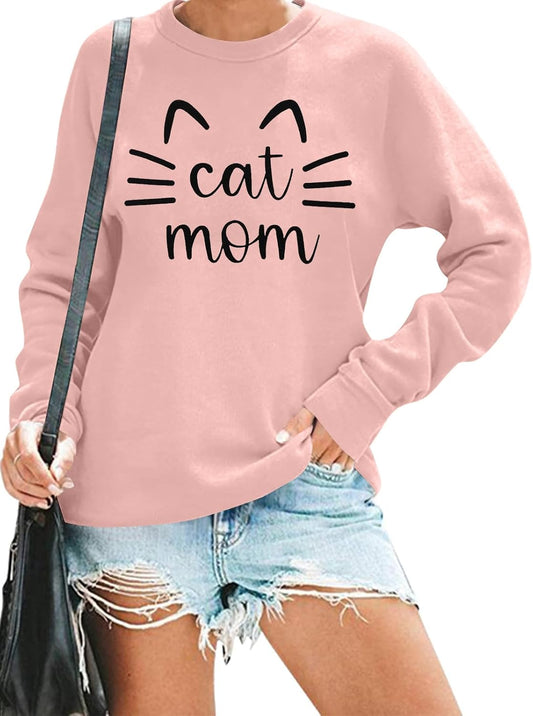 Cat Mom Sweatshirt Women Cute Cat Long Sleeve Shirts Crewneck Loose Fit Sweatshirts Fall Pullover Sweatshirt Blouse
