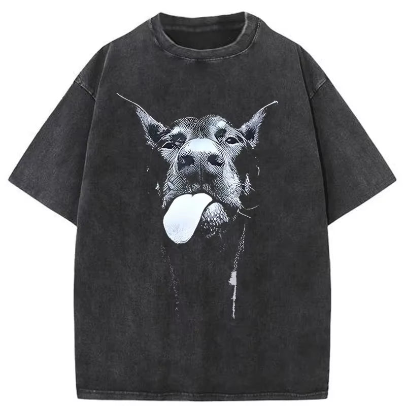 Men Gothic Letter Dog Printed T-Shirt Hip Hop Streetwear Punk Summer Vintage Washed Oversized T Shirts Tops Men Clothing