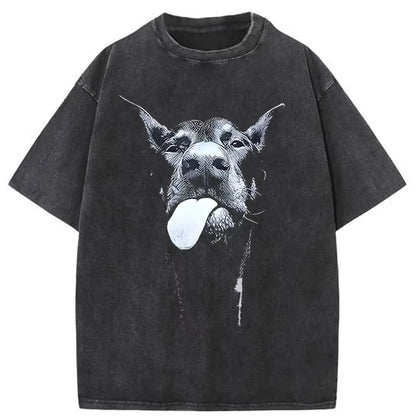 Men Gothic Letter Dog Printed T-Shirt Hip Hop Streetwear Punk Summer Vintage Washed Oversized T Shirts Tops Men Clothing