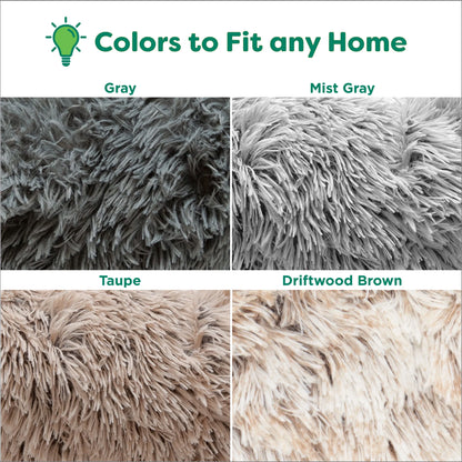 23" round Calming Donut Dog Bed with Washable & Removable Cover & Bolster - Shaggy Plush Long Faux Fur Ball Bed - Driftwood, for Dogs up to 20 Lbs, Small