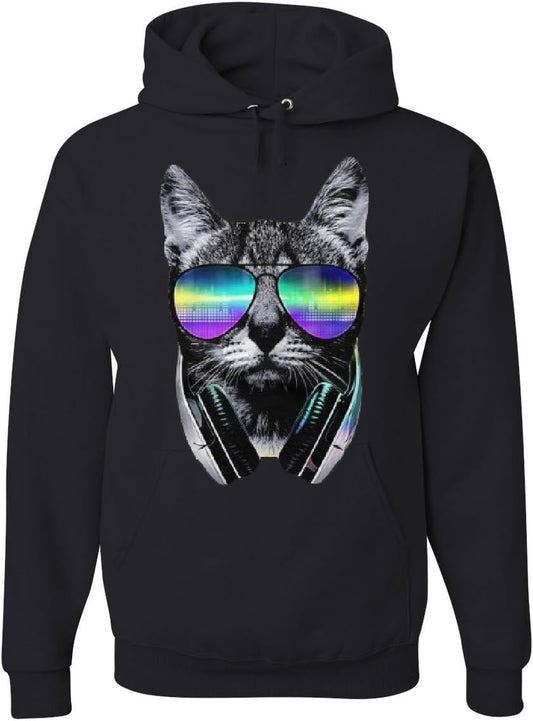 Funny DJ Cat Hoodie Music Kitten Headphones and Glasses Sweatshirt