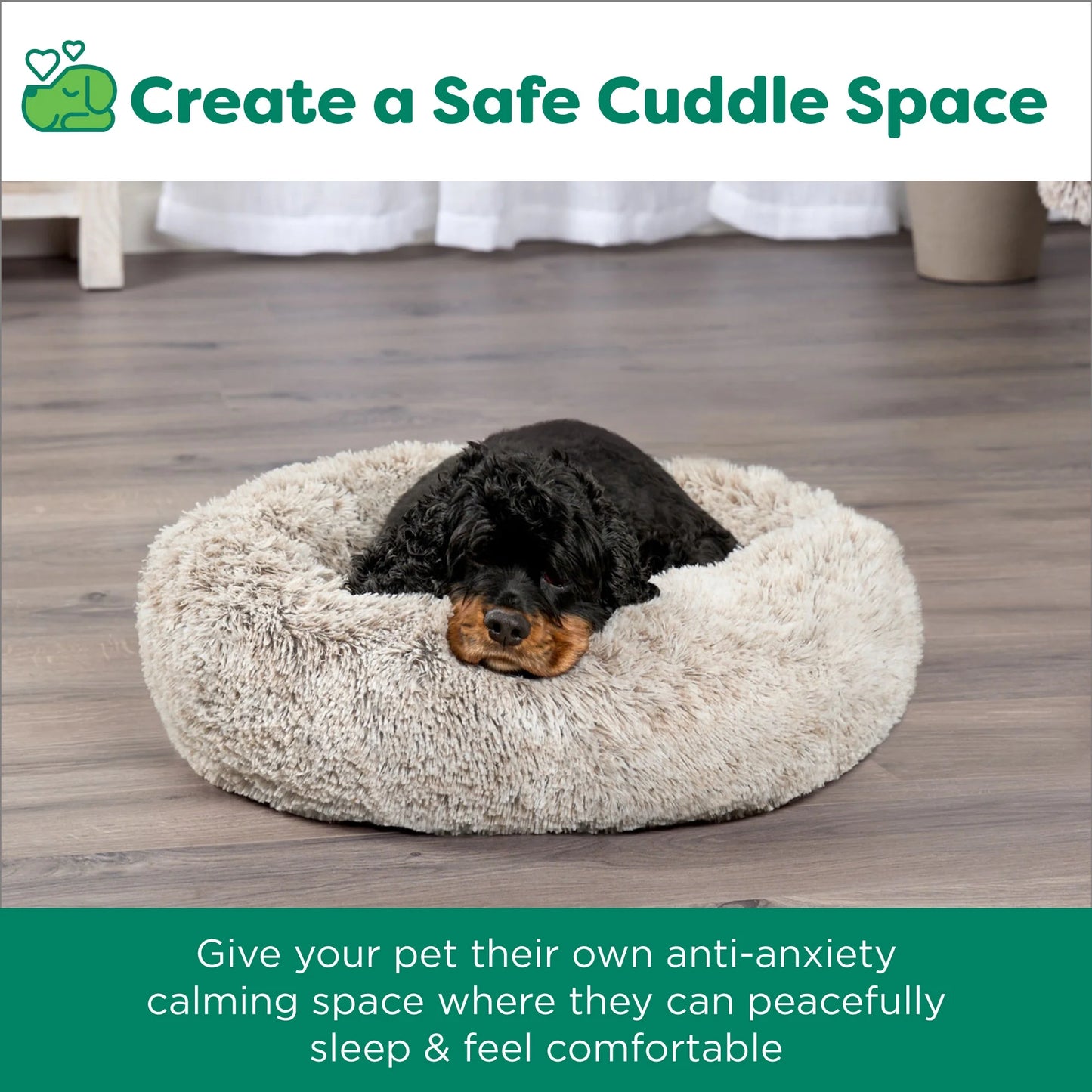 23" round Calming Donut Dog Bed with Washable & Removable Cover & Bolster - Shaggy Plush Long Faux Fur Ball Bed - Driftwood, for Dogs up to 20 Lbs, Small