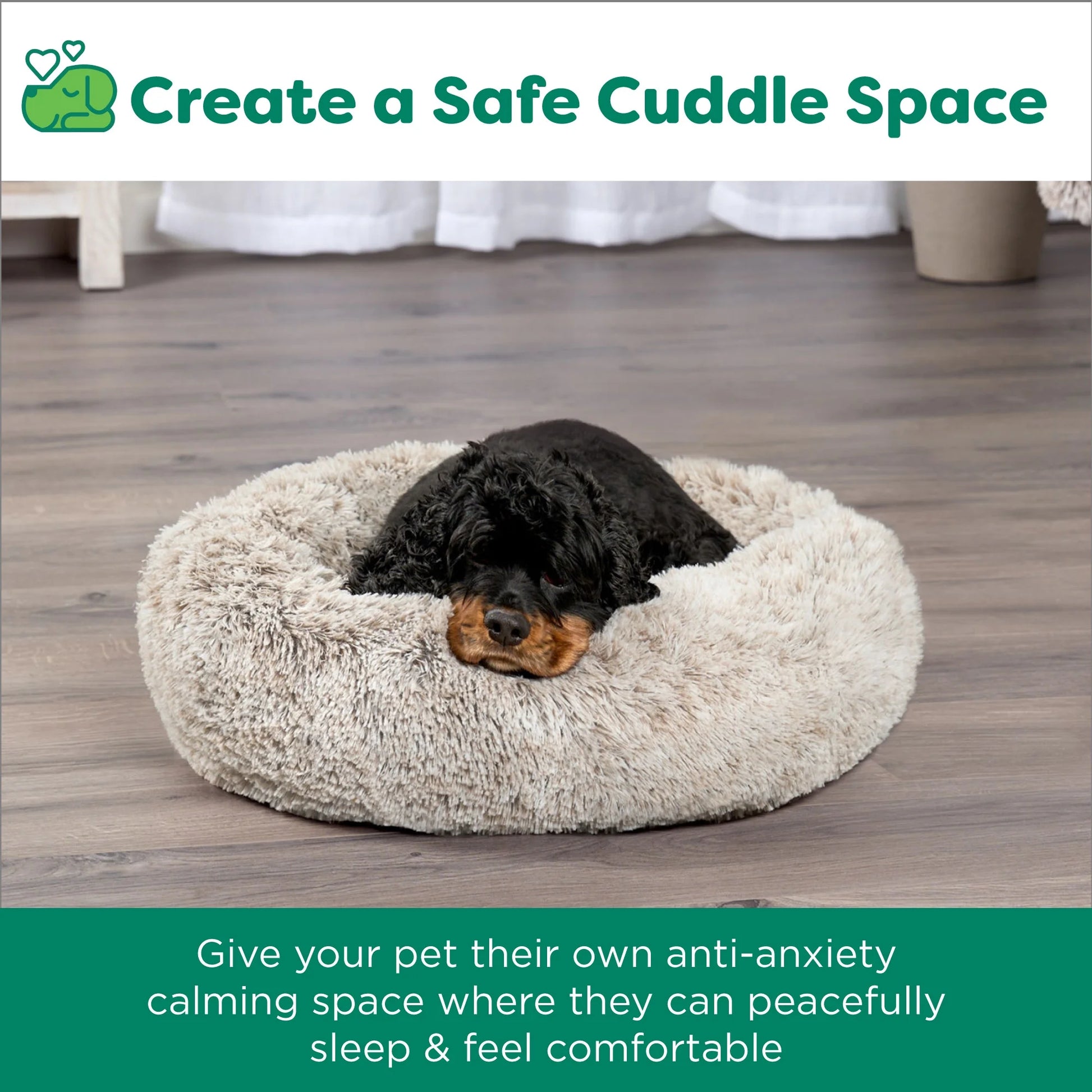 23" round Calming Donut Dog Bed with Washable & Removable Cover & Bolster - Shaggy Plush Long Faux Fur Ball Bed - Driftwood, for Dogs up to 20 Lbs, Small