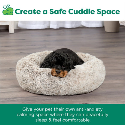 23" round Calming Donut Dog Bed with Washable & Removable Cover & Bolster - Shaggy Plush Long Faux Fur Ball Bed - Driftwood, for Dogs up to 20 Lbs, Small