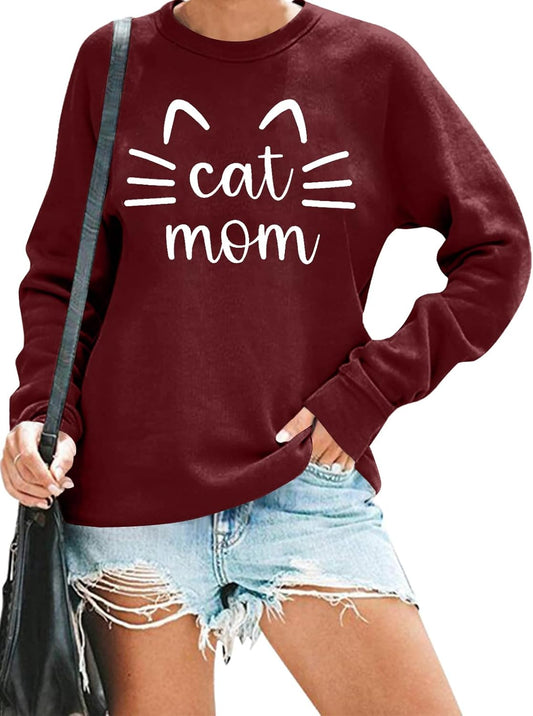 Cat Mom Sweatshirt Women Cute Cat Long Sleeve Shirts Crewneck Loose Fit Sweatshirts Fall Pullover Sweatshirt Blouse