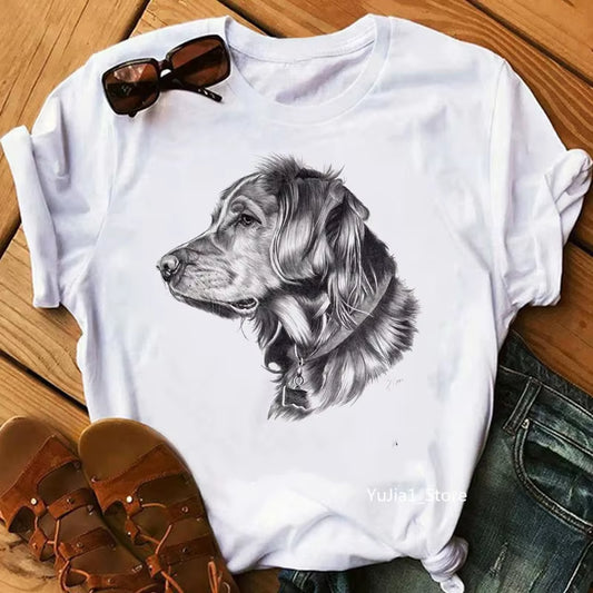 Schnauzer/Seymour/Yorkshire Terrier/Chihuahua/ Retriever/Pomeranian/Papillon Dog Vintage Portrait Print Women Summer T Shirt