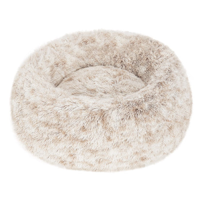 23" round Calming Donut Dog Bed with Washable & Removable Cover & Bolster - Shaggy Plush Long Faux Fur Ball Bed - Driftwood, for Dogs up to 20 Lbs, Small