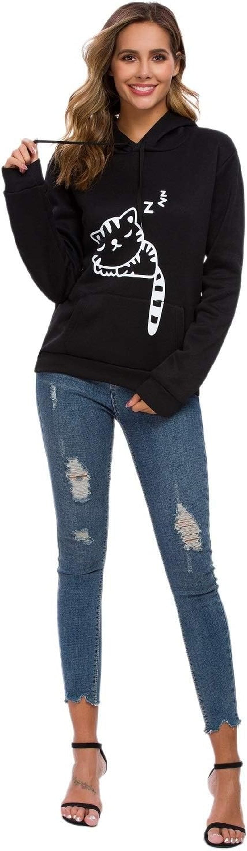 Women Teen Girls Hoodie Sweatshirt with Cute Cat Ear and Sleeping Cat Printed Pullover