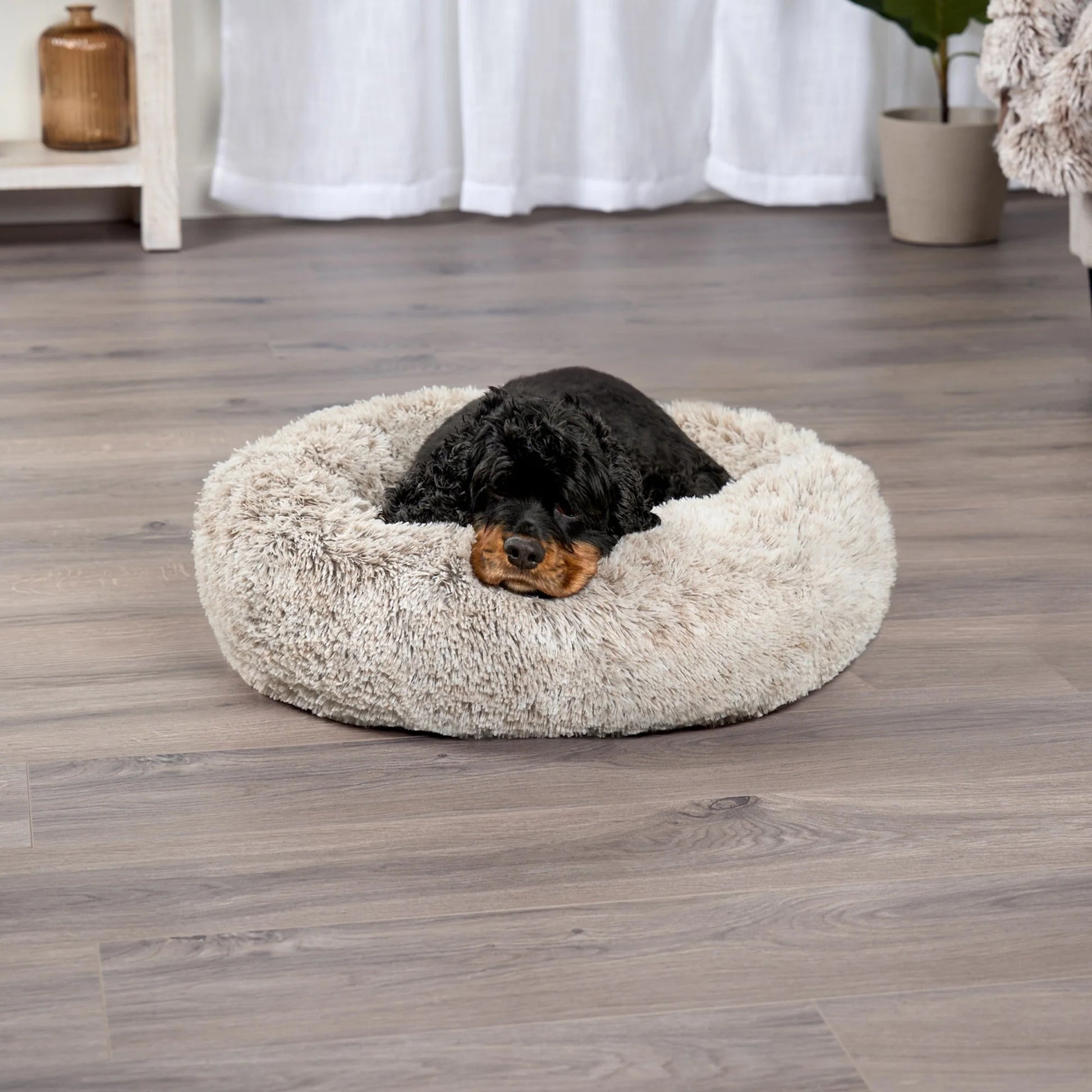 23" round Calming Donut Dog Bed with Washable & Removable Cover & Bolster - Shaggy Plush Long Faux Fur Ball Bed - Driftwood, for Dogs up to 20 Lbs, Small