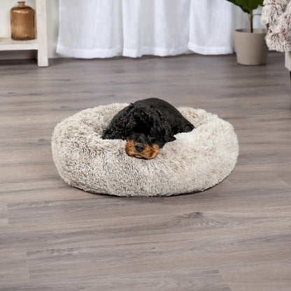 23" round Calming Donut Dog Bed with Washable & Removable Cover & Bolster - Shaggy Plush Long Faux Fur Ball Bed - Driftwood, for Dogs up to 20 Lbs, Small