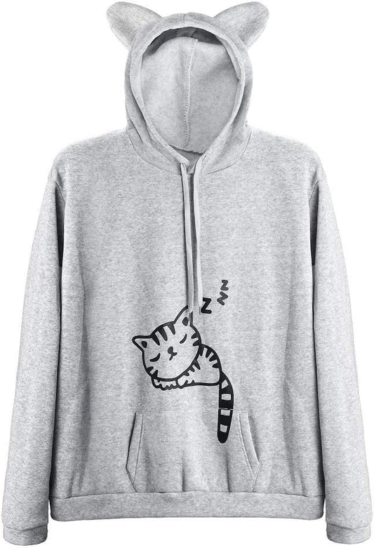 Women Teen Girls Hoodie Sweatshirt with Cute Cat Ear and Sleeping Cat Printed Pullover